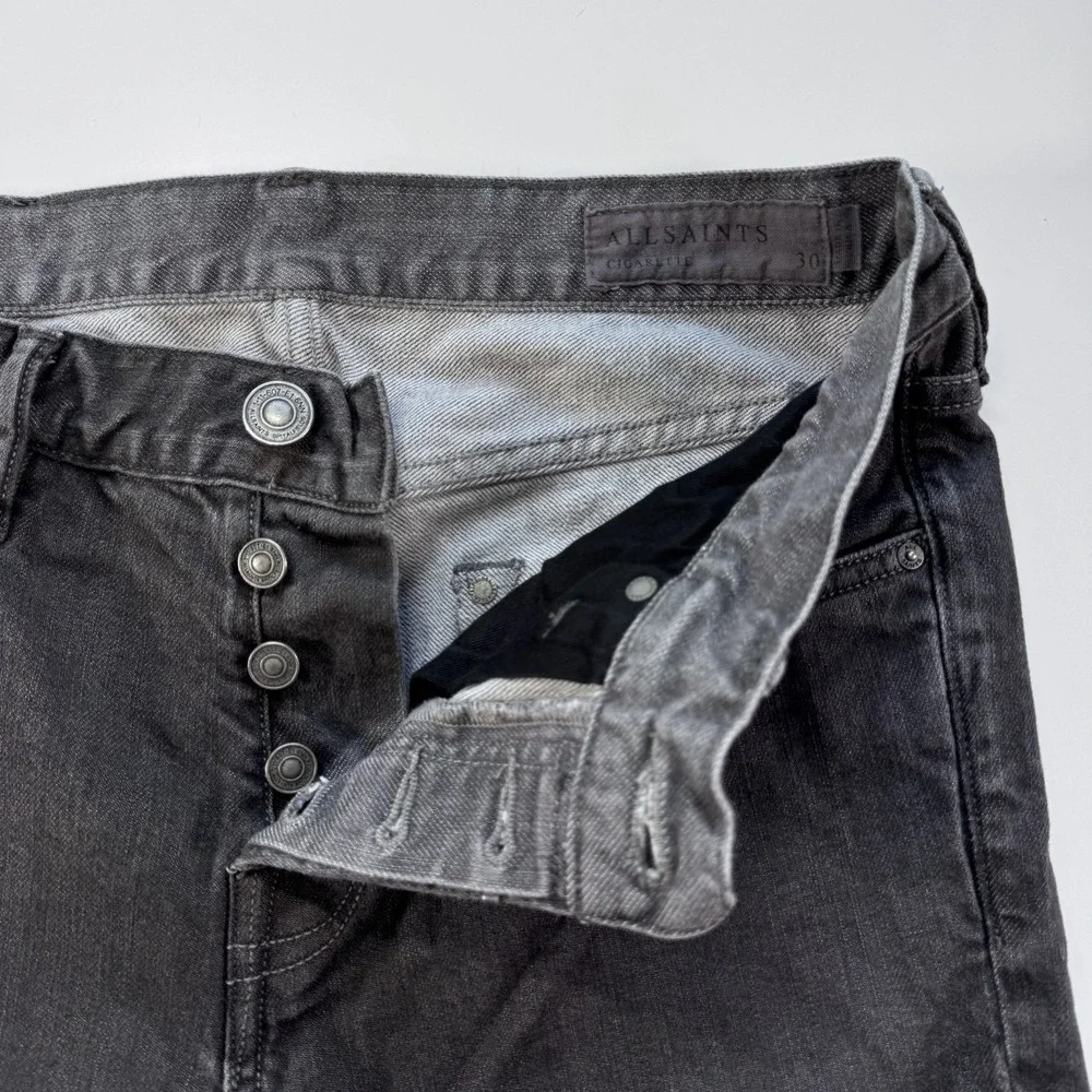 ALL SAINTS Jeans Denim Travolta Cigarette Button Fly Slim Skinny Mens 30x31 Gray